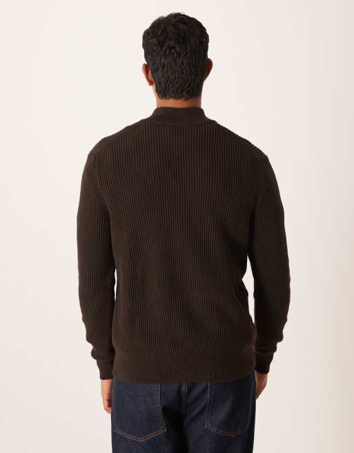 Mango - Maglione in cotone a coste con zip corta marrone, 3 di 5