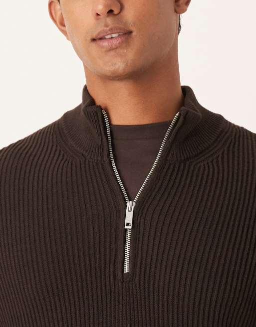 Mango - Maglione in cotone a coste con zip corta marrone, 5 di 5