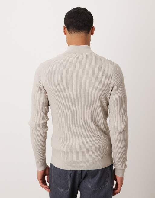 Mango - Maglione in misto cotone a coste écru con zip corta, 3 di 5