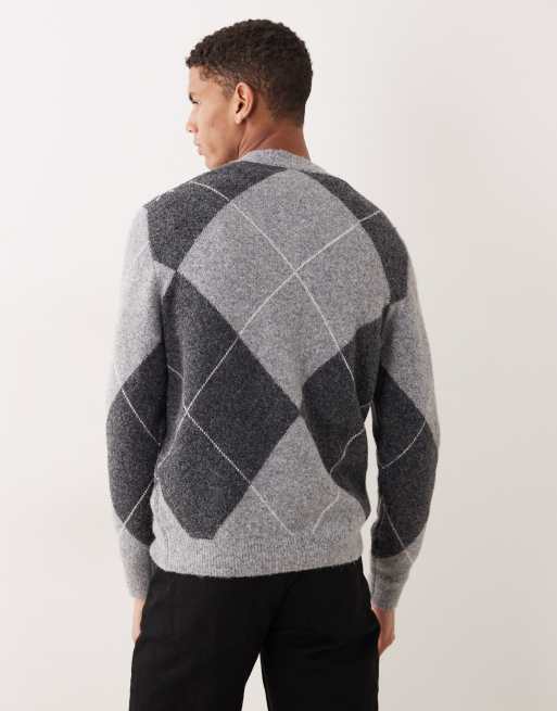 Mango - Maglione in misto lana grigio a losanghe, 3 di 5