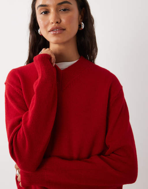 Mango maglione lavorato a maglia con scollo a V rosso, 2 di 4