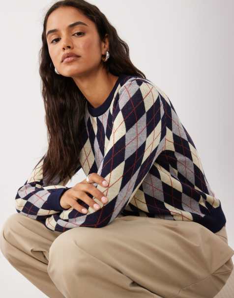 Mango maglione lavorato a maglia con stampa argyle navy e marrone - HERO - view 1