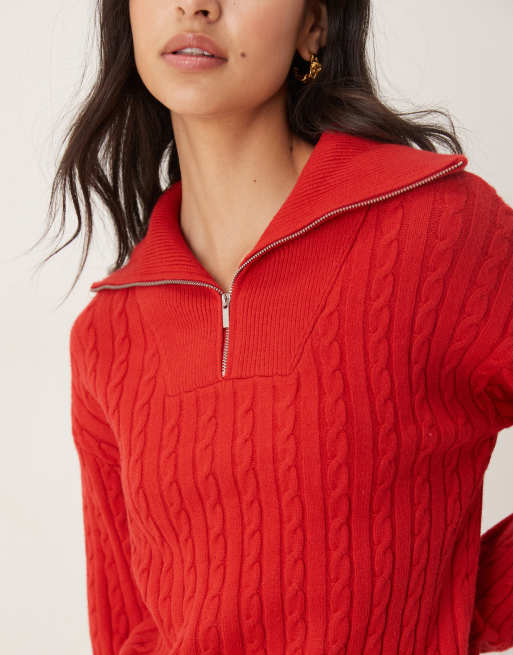 Mango - Maglione lavorato a trecce rosso con zip corta, 3 di 4
