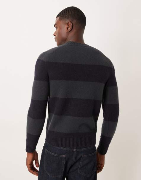 Maglione Uomo Autunno Inverno A Righe, Girocollo In Cotone, Slim Fit, Lavorato A Maglia, Nero/Bianco