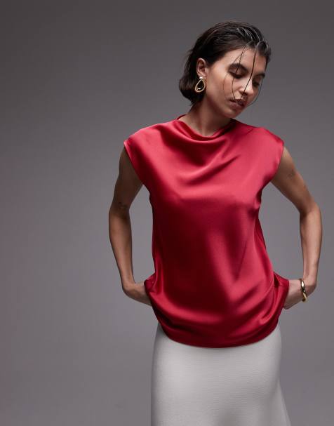 Mango satin drape neck cap sleeve top in raspberry 