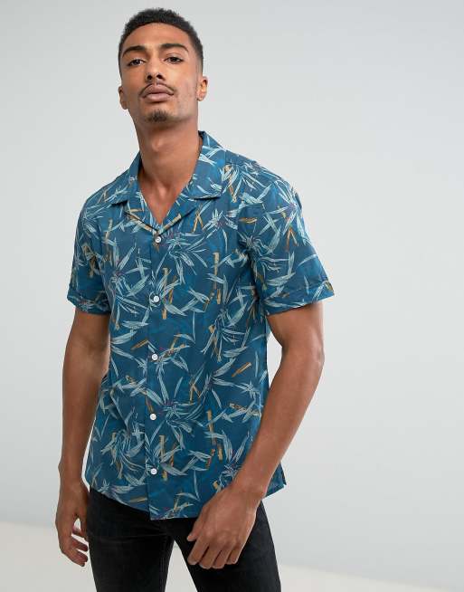 Mango Man Short Sleeve Revere Collar Shirt With Bamboo Print