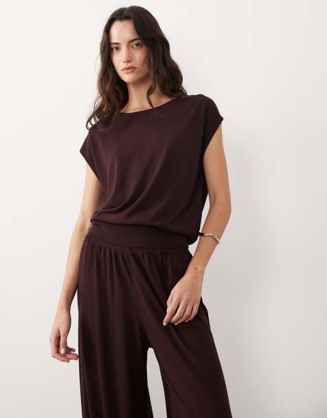 Mango - Manis - Top met boothals en korte mouwen in donkerrood, deel van co-ord set - view 1