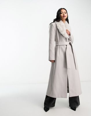 Mango faux fur trim tailored coat in grey - ASOS Price Checker