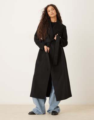 Mango - Manteau long en laine mélangée à nouer - Noir