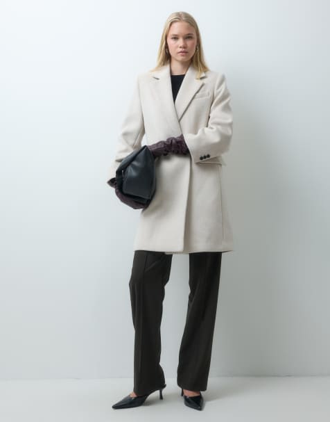 Mango manteau midi ajusté en mélange de laine couleur pierre - view 1