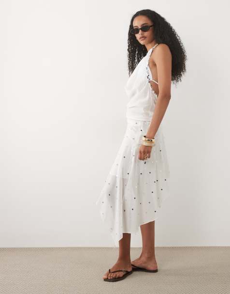 Mango Marea asymmetrische strandrok met ruches in wit - view 1