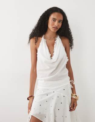 Mango Marea embellished halter neck beach top co-ord in white