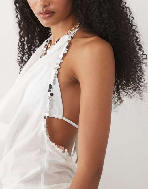 Mango Marea embellished halter neck beach top in white - part of a set, 3 of 4
