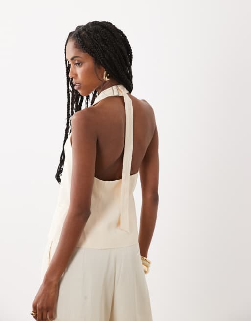 Mango Mariana linen mix halterneck top co-ord in beige, 3 of 4