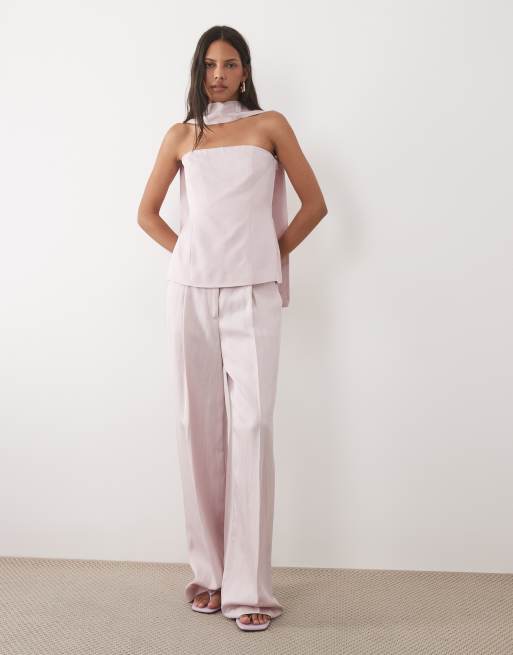 Mango – Marina – Pastellrosa topp i linnemix med bara axlar och scarf, del av set, 2 av 4