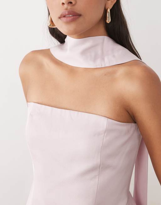 Mango - Marina - Top d'ensemble en lin mélangé à épaules dénudées et foulard - Rose pastel, 3 de 4