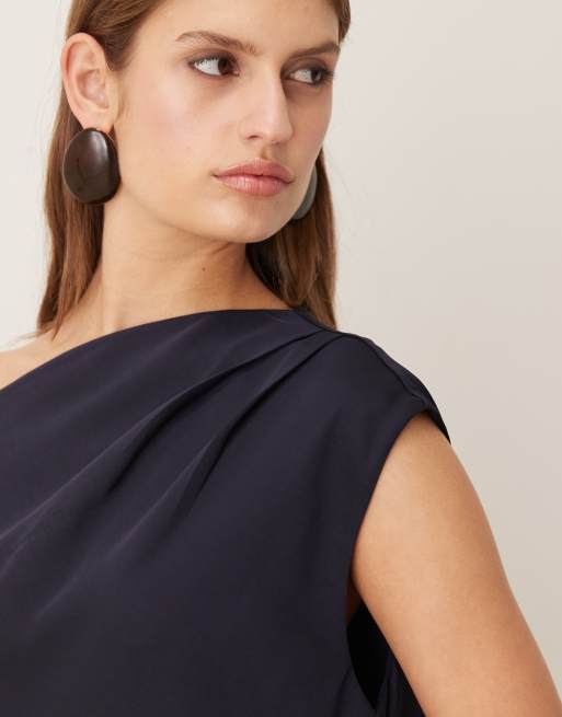 Mango – Marinblå, asymmetrisk midaxiklänning, 2 av 4