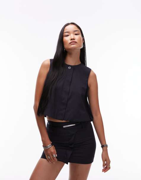 Mango – Marinblå, figursydd topp med ärmlös design och kritstrecksrandigt mönster, del av set - view 1