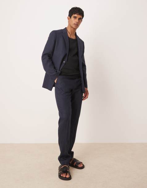 Mango – Marinblå, figursydda byxor i linne, del av set - view 1