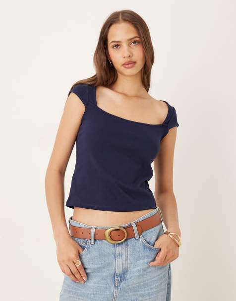 Mango – Marinblå t-shirt med fyrkantig ringning - view 1