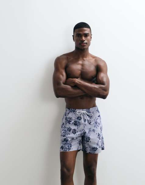 Mango - Marineblå badeshorts med striber og blomstermønster - view 1