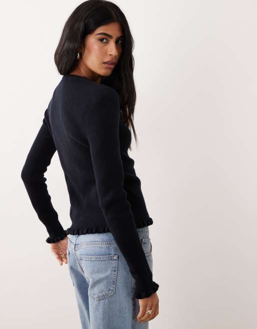 Mango - Marineblå cardigan med flæsekanter i uldblanding, 4 af 4