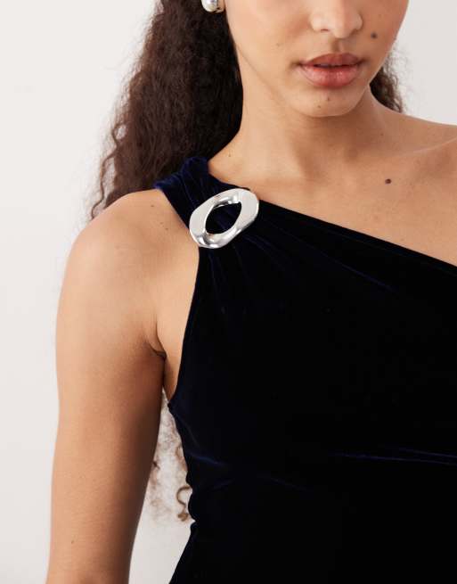Mango - Marineblå oneshoulder-jumpsuit i velour med metaldetalje, 2 af 4