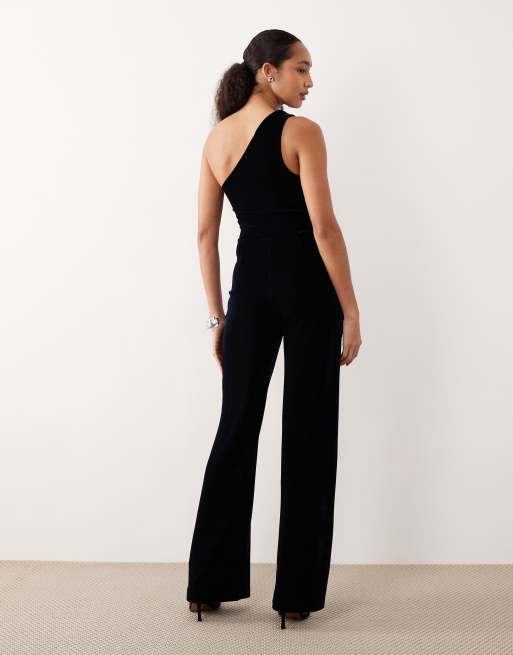 Mango - Marineblå oneshoulder-jumpsuit i velour med metaldetalje, 4 af 4