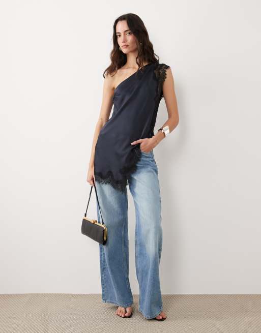 Mango - Marineblå ærmeløs oneshoulder-top med asymmetrisk snit og blondekanter i satin, 3 af 4