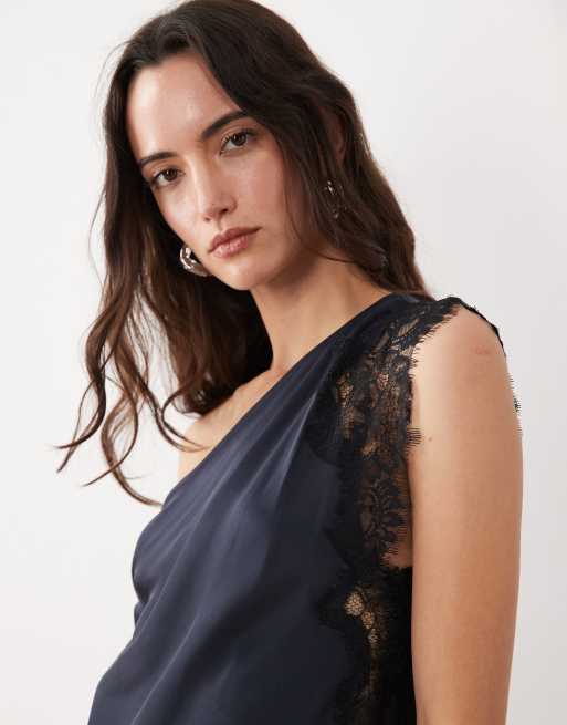 Mango - Marineblå ærmeløs oneshoulder-top med asymmetrisk snit og blondekanter i satin, 4 af 4