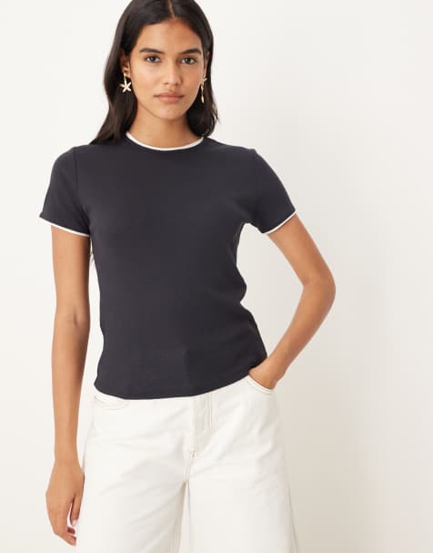 Mango - Marineblå T-shirt i bomuldsblanding med kantbånd i kontrast - view 1