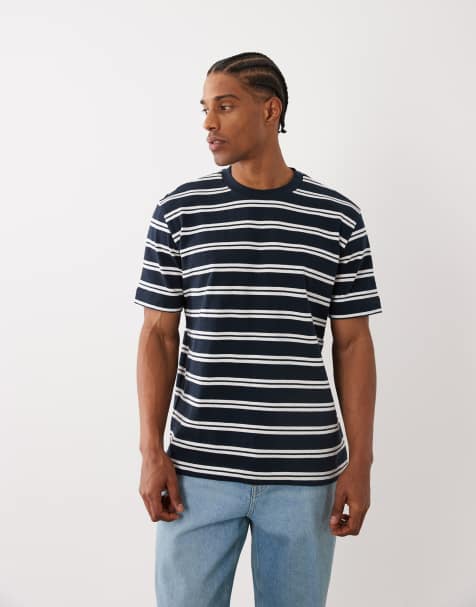 Mango - Marineblå T-shirt med striber i bomuldsrigt stof - view 1