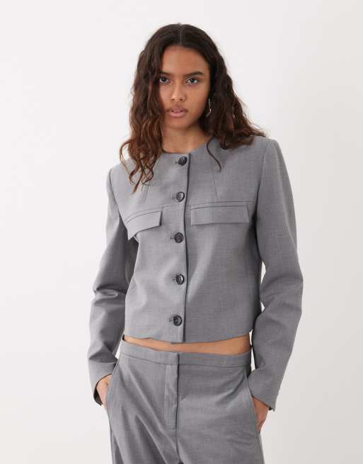 Mango Marker blazer court sans col coordonné gris, 2 de 4