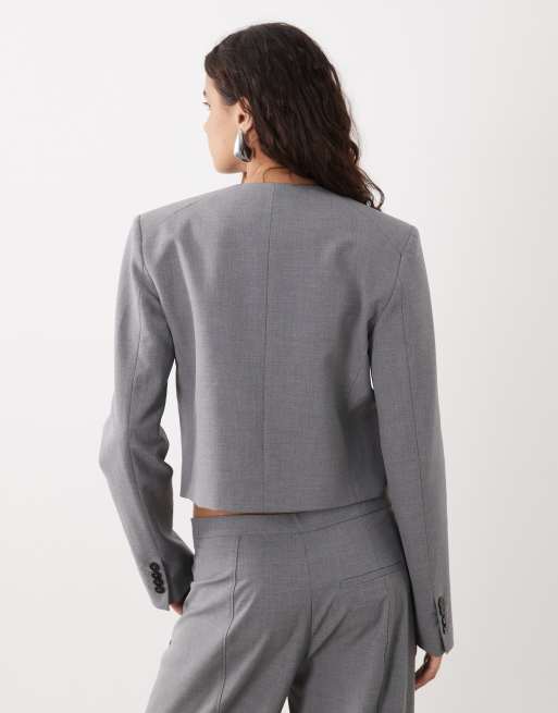 Mango Marker collarless cropped blazer set in gray, 4 of 4