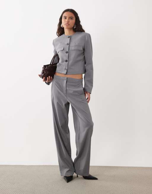 Mango Marker collarless cropped blazer & trouser co-ord in grey, 3 of 3