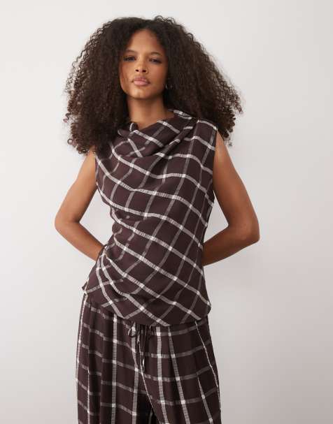 Mango Marmol asymmetric nipped waist sleeveless top co-ord in deep red check print - view 1