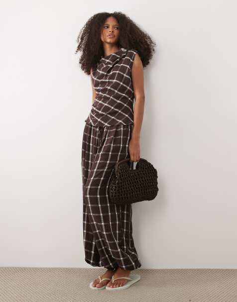 Mango Marmol puffball trouser co-ord in deep red check print - view 1