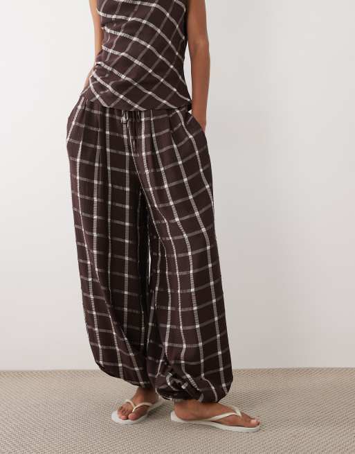 Mango Marmol puffball trouser co-ord in deep red check print, 2 of 5