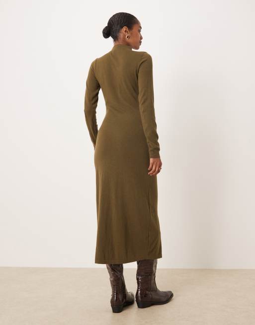 Mango – Marszczona w talii sukienka maxi z zabudowanym dekoltem w kolorze khaki, 3 z 4