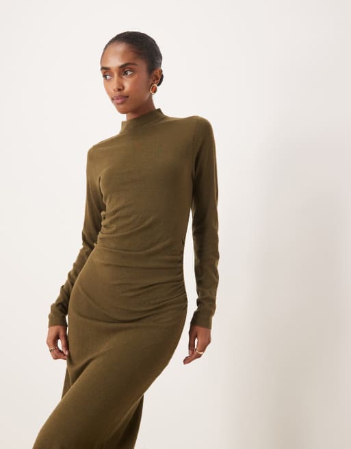 Mango – Marszczona w talii sukienka maxi z zabudowanym dekoltem w kolorze khaki, 4 z 4