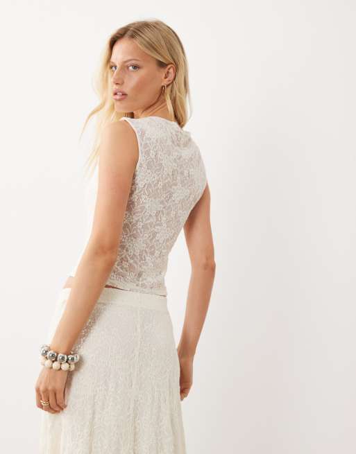 Mango Marta koronkowy top bez rękawów, część zestawu, kremowy, 3 z 4