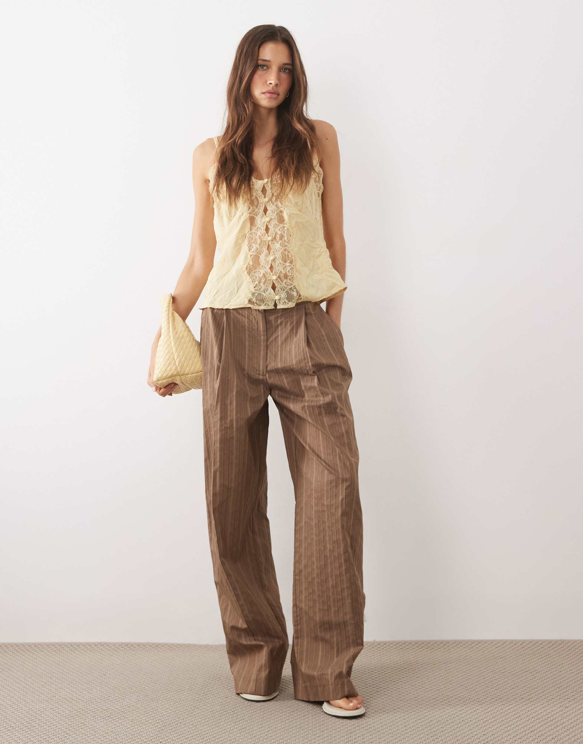 mango martin cotton rich tailored pants in brown stripes - part of a set