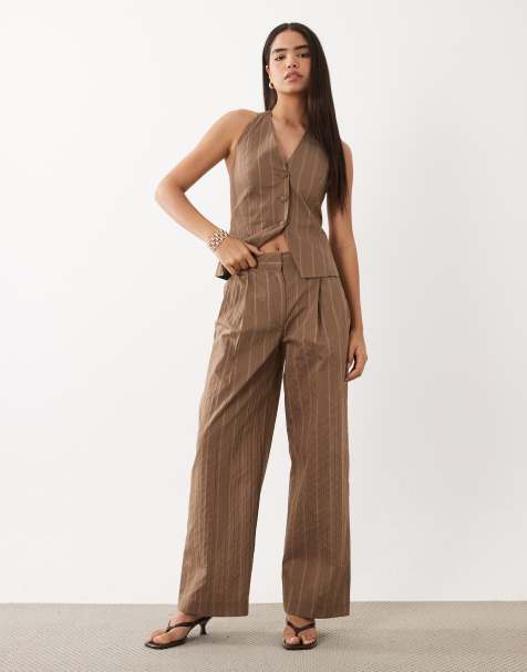 Mango Martin cotton rich tailored trouser co-ord in brown stripe