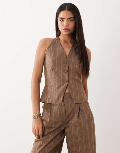 Mango - Martin - Gilet met halternek in beige met krijtstreep, deel van co-ord set - view 1