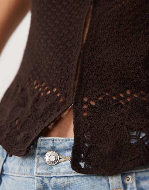 Mango Mashi 100% cotton knitted vest co-ord in dark brown, 2 of 4