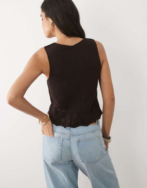 Mango Mashi 100% cotton knitted vest co-ord in dark brown, 4 of 4