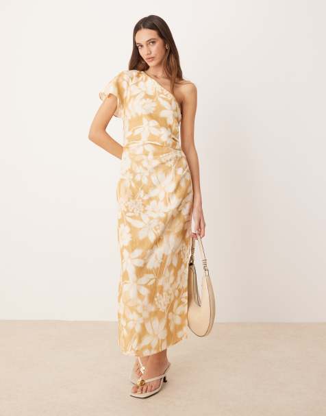 Mango one shouder floral midaxi dress in buttermilk