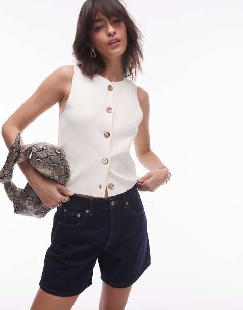 Mango button through fine knit vest with gold button in buttermilk