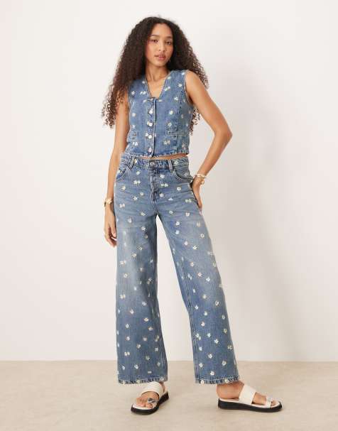 Mango – Massy – Blå, blommigt broderade jeans med raka ben, del av set - view 1
