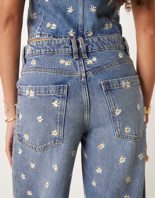 Mango Massy daisy embroidered straight leg co-ord jeans in blue | ASOS